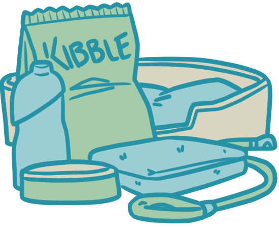 Art of a dog's bowl, leash, bed, waterbottle and bag of kibble: all incredibly important on a Contours dog-friendly walking holiday.
